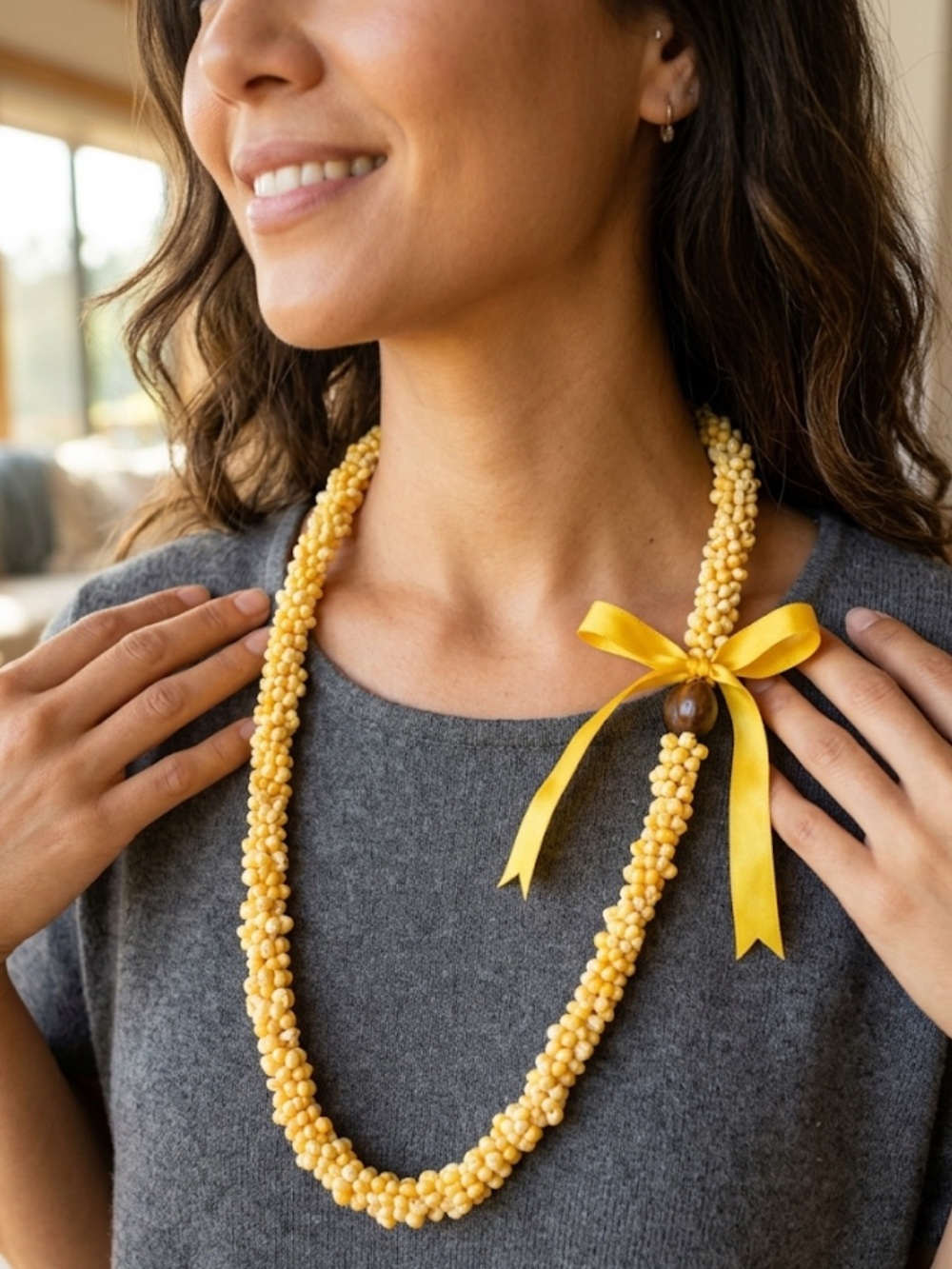 Vintage Yellow Momi / Kahelelani Shell Lei Necklace w/ Ribbon & Kukui Nut Accent - Picture 2 of 4